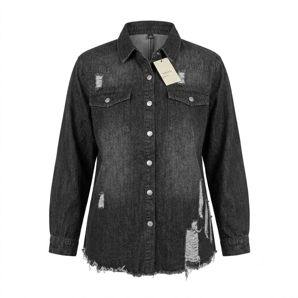 Womens Black Denim Shirt Jacket XL NWT Distressed Frayed Raw Hem Shacket Button